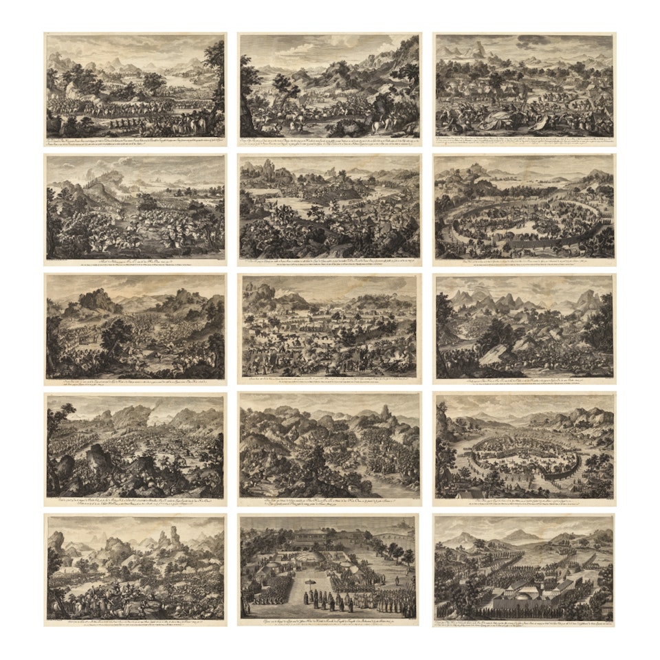 ISIDORE-STANSILAS HELMAN (1743-1806?)
A SET OF FIFTEEN COPPER-PLATE ENGRAVINGS AND SUMMARY PLATE AFTER CASTIGLIONE, SICHELBARTH, ATTIRET AND DAMASCENE TO COMMEMORATE EMPEROR QIANLONG'S VICTORY IN CENTRAL ASIA (1755-59) by Anonymous