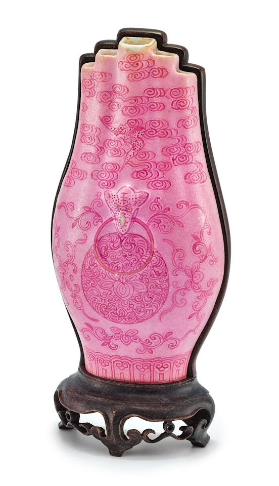 A PINK-GROUND PUCE-ENAMELLED WALL VASE by Anonymous