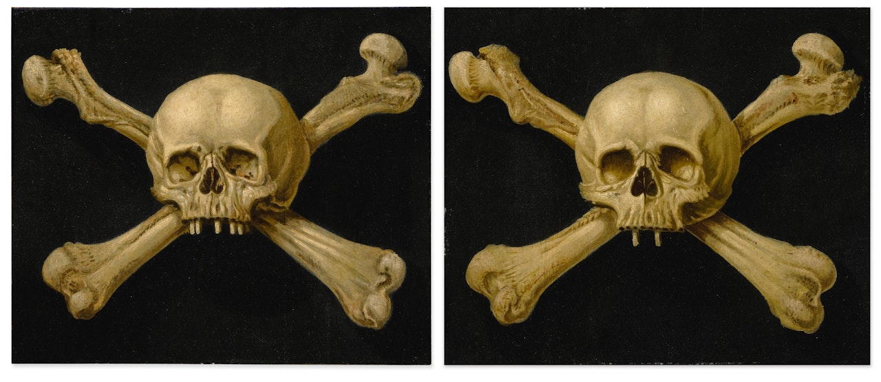A PAIR OF MEMENTO MORI WITH SKULLS AND CROSSBONES by Neapolitan School