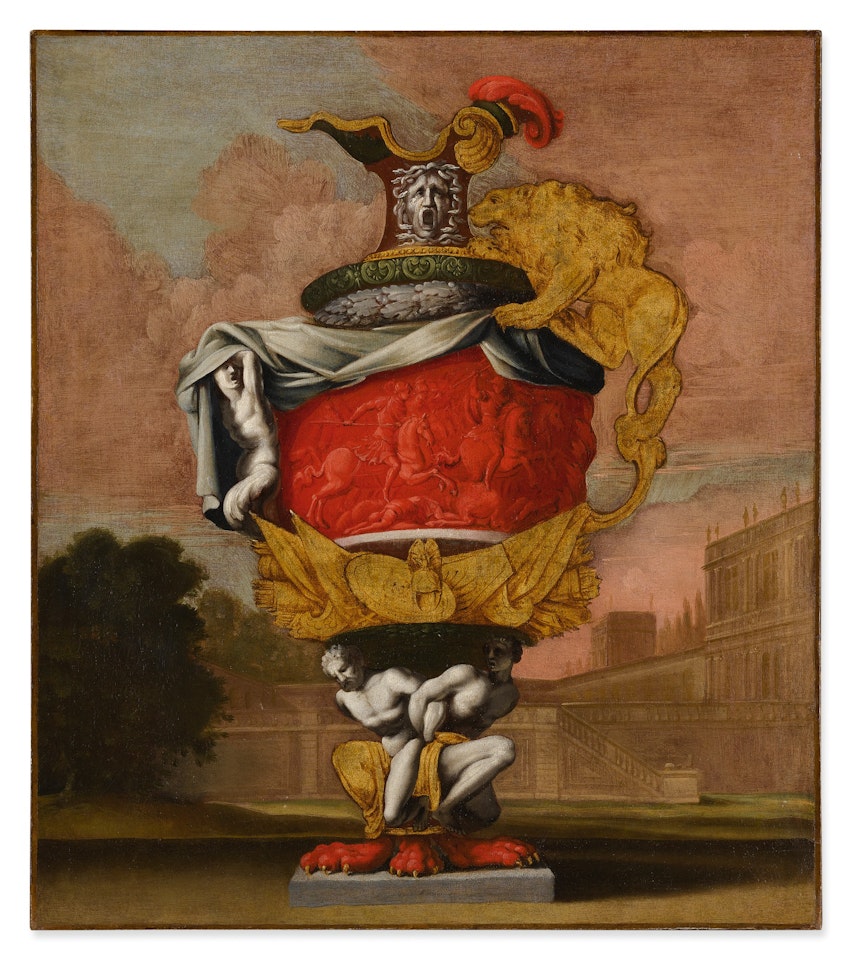 A STILL LIFE WITH AN EWER AND A LANDSCAPE BEYOND by Italian School
