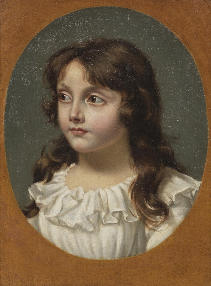Portrait of a young girl, said to be the daughter of Armand Gensonné, bust-length, in a white dress, within a painted oval by French School