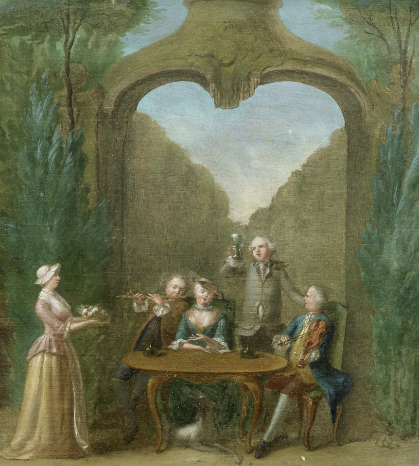 Figures in a garden under an arch by English School