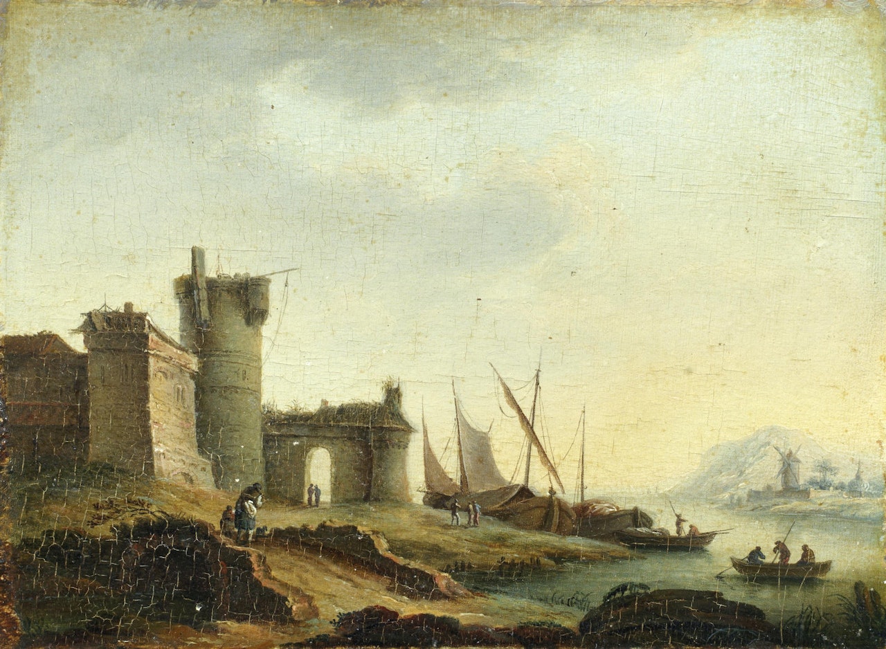 An extensive river landscape with fishermen before a village; and
Figures by a harbour in an extensive river landscape by French School
