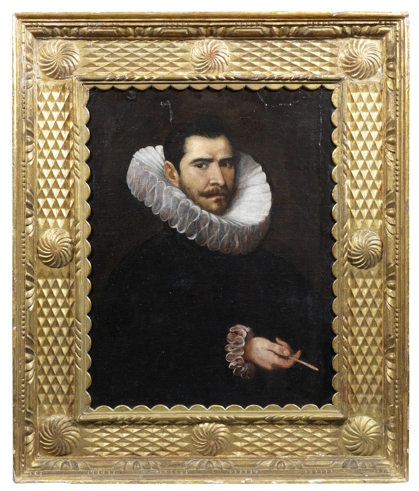 Portrait of a gentleman, half-length, in black costume, holding a quill by Spanish School