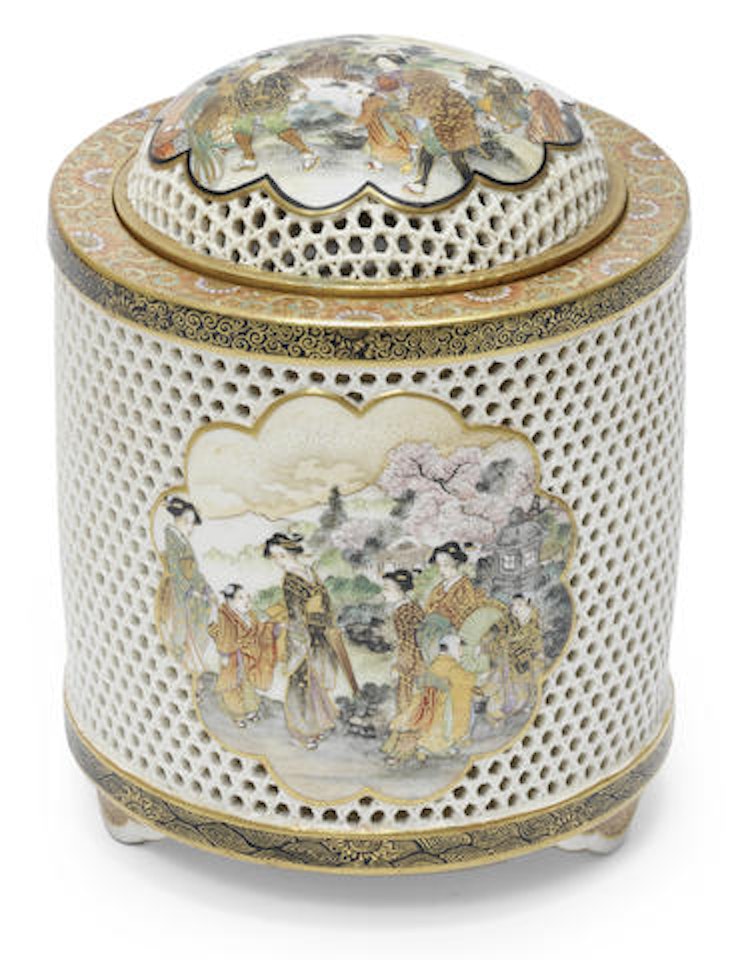 A cylindrical Reticulated Satsuma vessel and cover, By Okamoto Ryozan by Anonymous