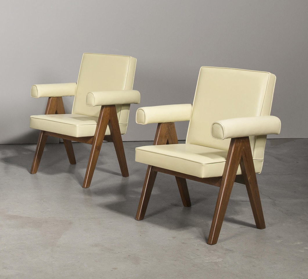 Pair of Upholstered Office Easy armchairs by Pierre Jeanneret