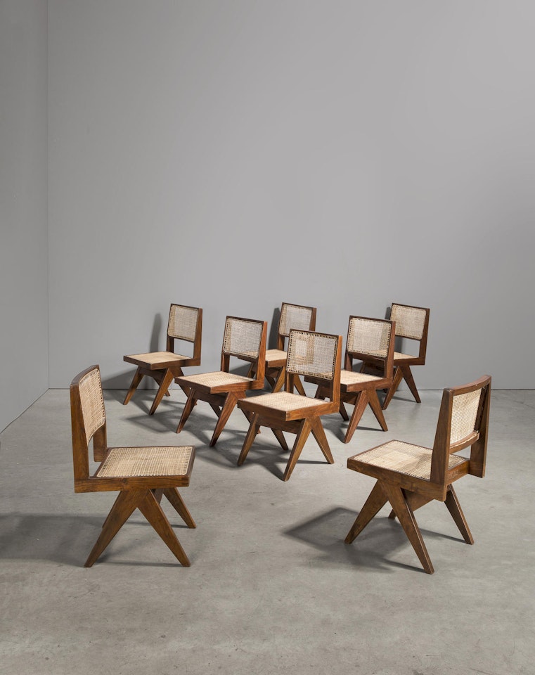 Set of eight Chairs V Type Cane Seat Cane Back by Pierre Jeanneret