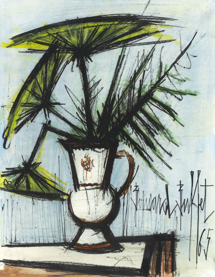 Ombelles vase rouge et blanc fond bleu by Bernard Buffet
