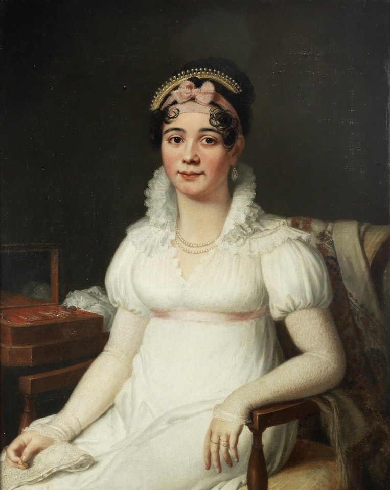Portrait of a gentleman, three-quarter-length, seated, wearing the insignia of a Knight Grand Cross of the Order of Saint Gregory the Great and a French Legion of Honour, Commander's neck badge: and Portrait of a lady, three-quarter-length, in a white dress, seated before a table by Spanish School