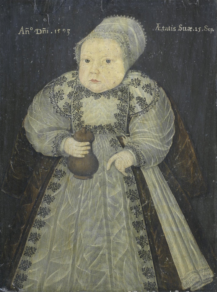 Portrait of a child, full-length, holding a wooden feeding bottle by English School