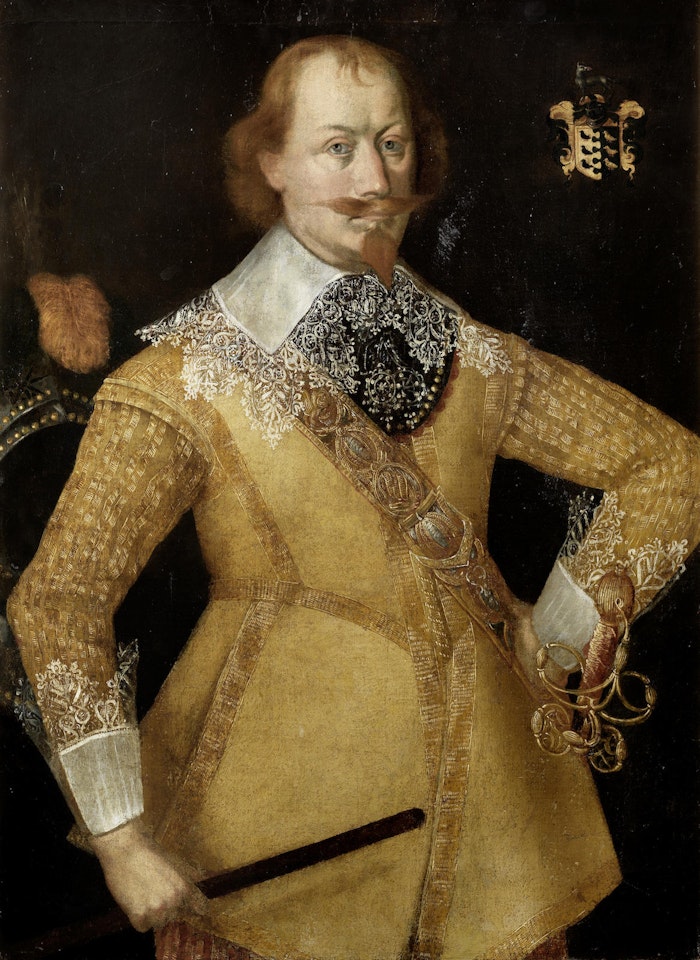 Portrait of a gentleman of the Allen family of Brindley, Cheshire, three-quarter-length, in gold costume by English School