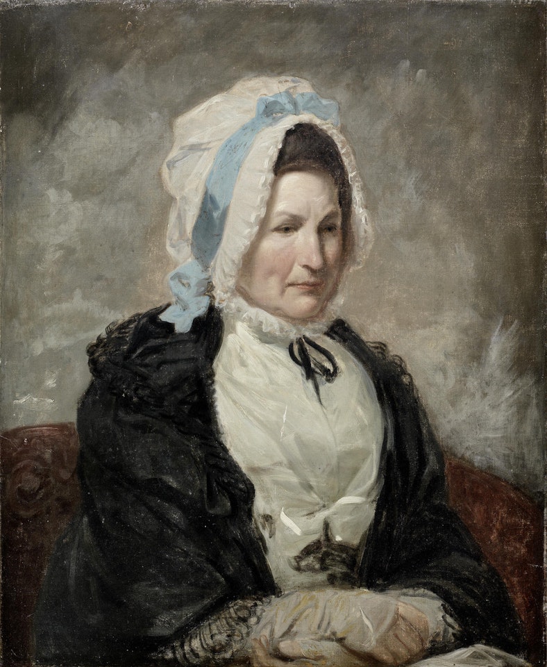 Portrait of a lady, half-length, in a white dress with a black shawl and a white lace cap with a blue ribbon by English School