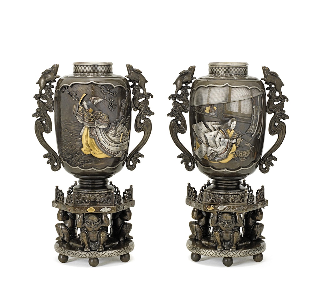 An impressive pair of inlaid bronze vases By Fujibayashi Minechika by Anonymous