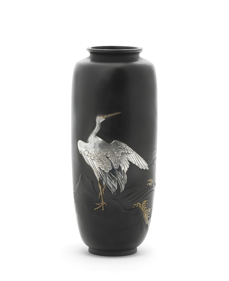 A slender cylindrical inlaid bronze vase By Hidemitsu by Anonymous