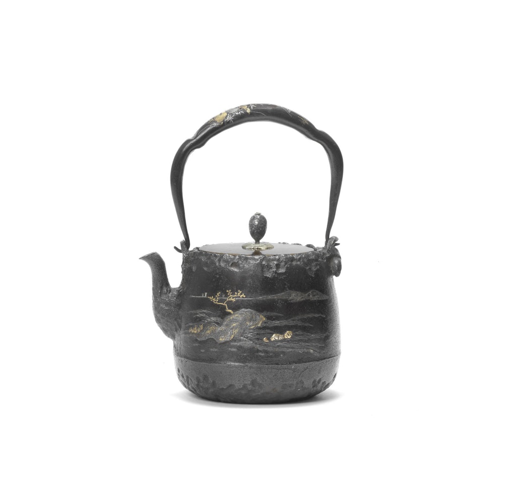 An inlaid tetsubin (iron kettle) with bronze cover By Ryubundo by Anonymous