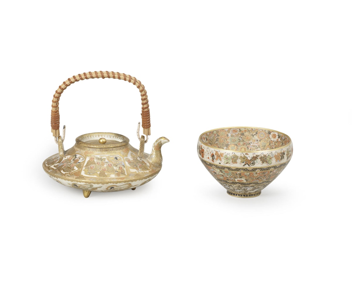 One conical Satsuma teabowl and one satsuma teapot by Anonymous