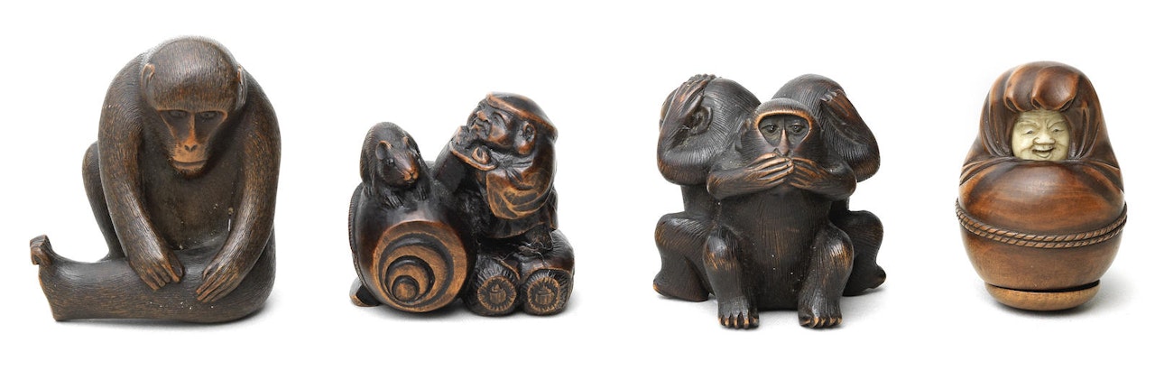 Four wood okimono-style netsuke by Anonymous