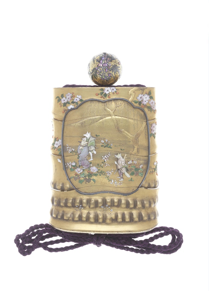 A broad gold-lacquer Shibayama-inlaid three-case inro in the form of an irregular section of bamboo by Anonymous