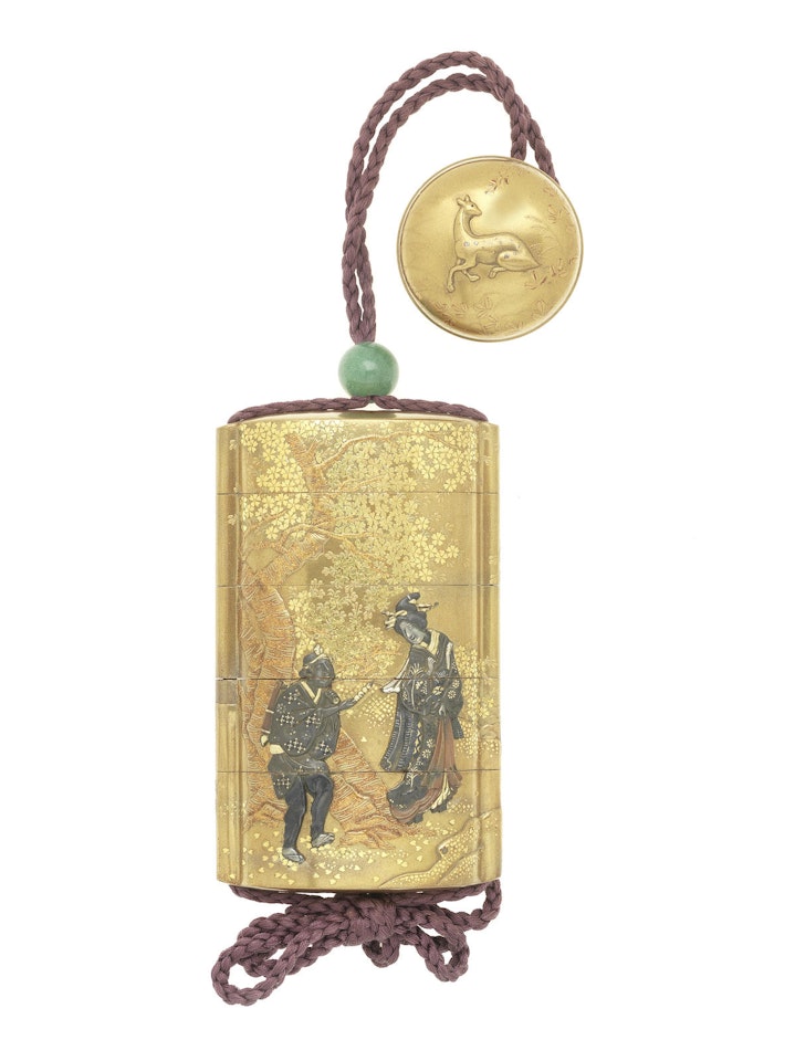 A metal-inlaid gold-lacquer four-case inro By Kajikawa Bunryusai by Anonymous