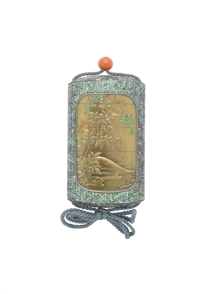 A shell-inlaid gold-lacquer four-case inro by Anonymous