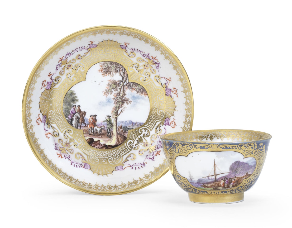 A rare Meissen underglaze-blue-ground teabowl and saucer by Anonymous