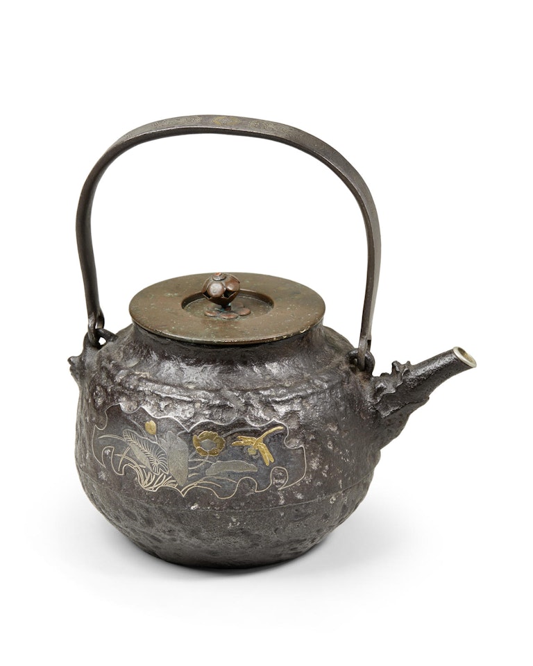 An inlaid-iron tetsubin (tea kettel) with dragon-fly by Anonymous