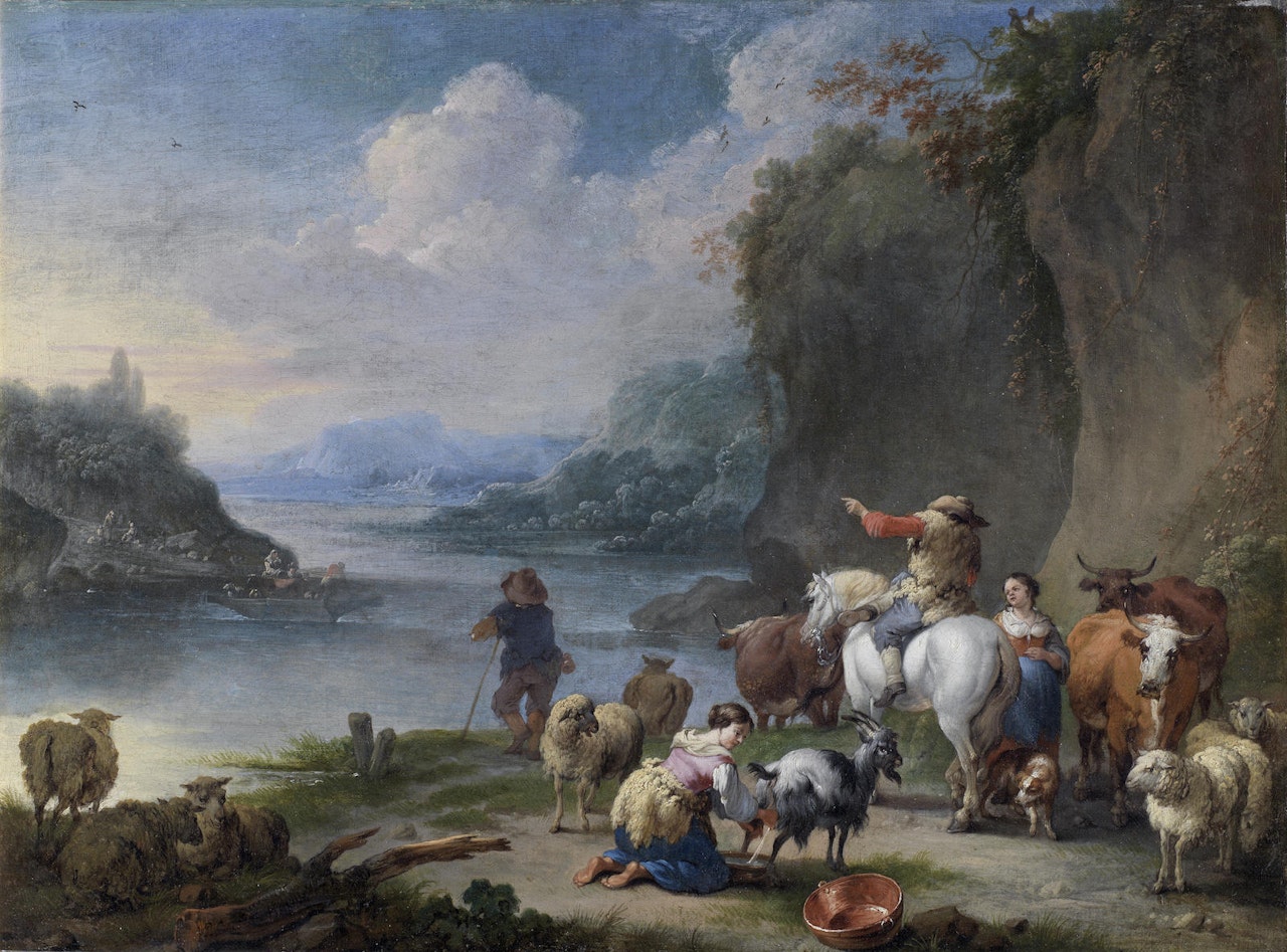 Drovers and their herd resting beside a river by Pieter Bout