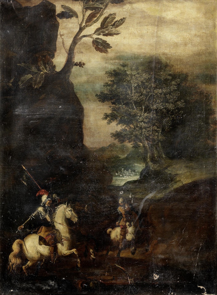 An extensive river landscape with soldiers on horseback in the foreground by Roman School