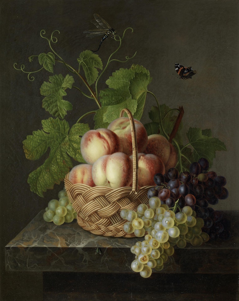 A basket of peaches on a marble ledge with grapes by Dutch School