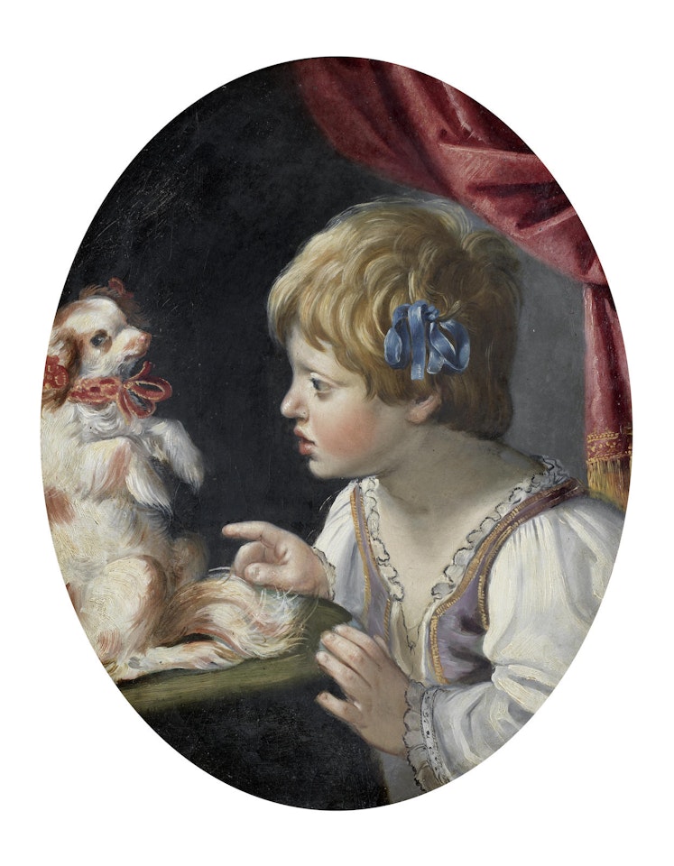 A young child playing with a spaniel by BOLOGNESE SCHOOL
