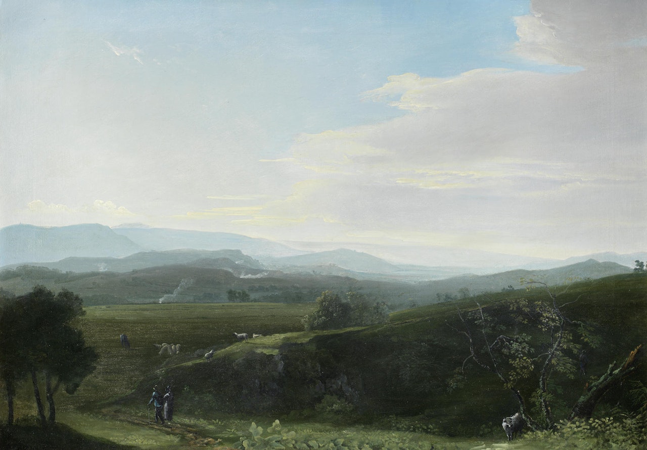 An extensive landscape with drovers and their herd by French School