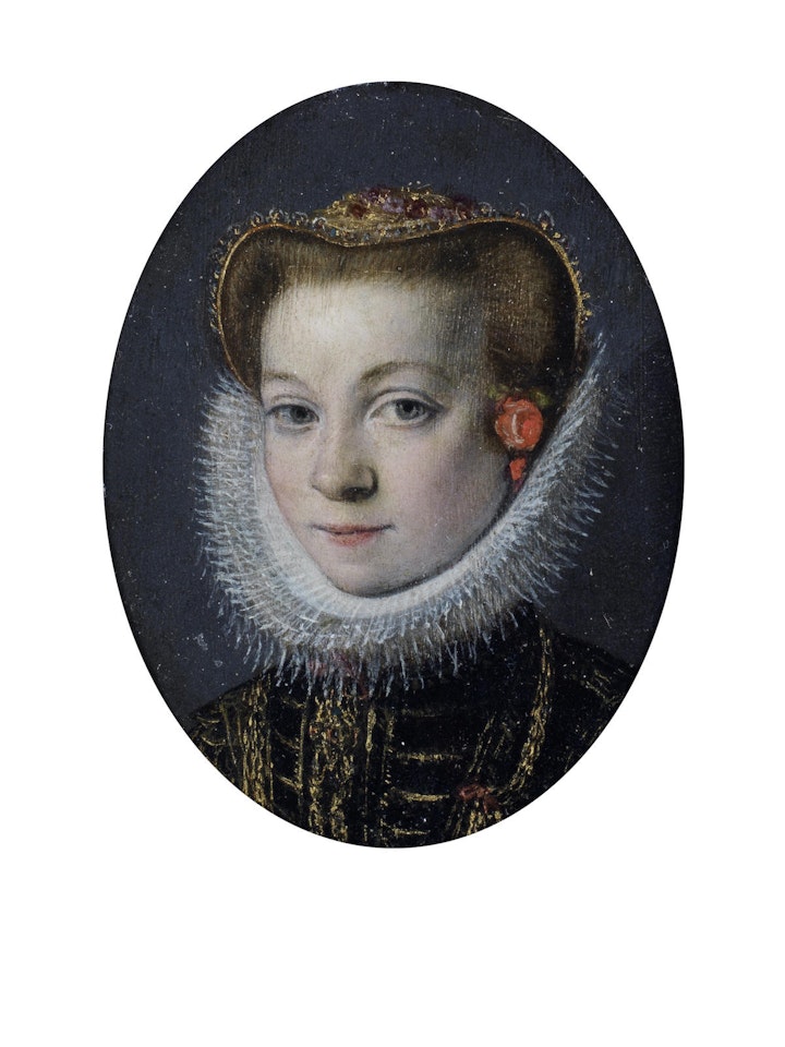 Portrait of a girl, bust-length, in black and gold costume by Flemish School