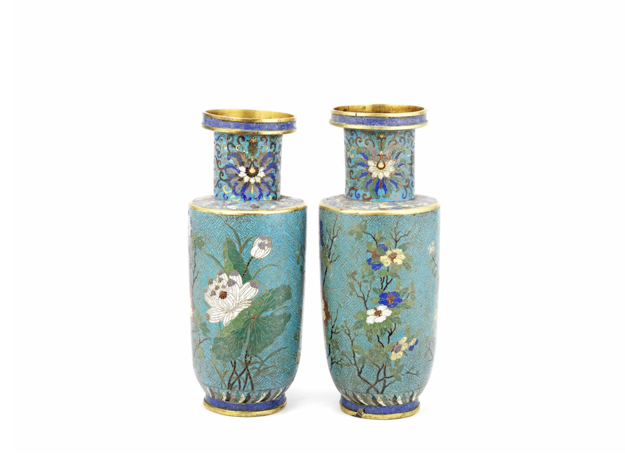 A pair of cloisonné enamel rouleau vases by Anonymous
