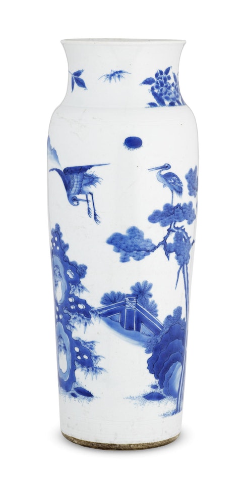 A blue and white 'deer and cranes' sleeve vase by Anonymous