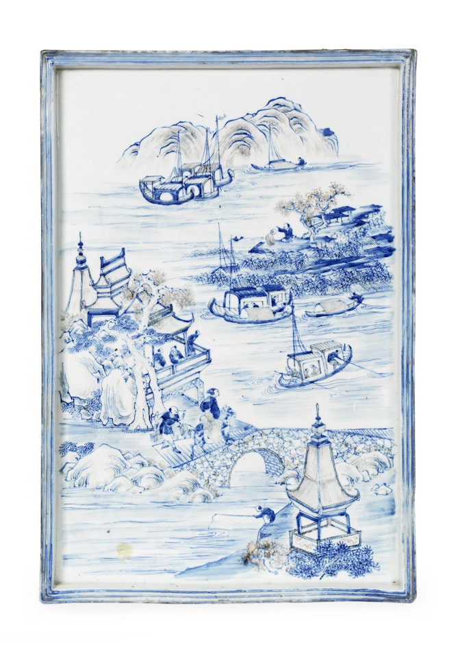 A blue and white and copper-red 'landscape' plaque by Anonymous