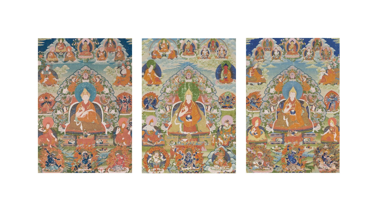 An exceptionally rare complete set of thangkas of the Panchen Lamas of Tashilhunpo by Anonymous
