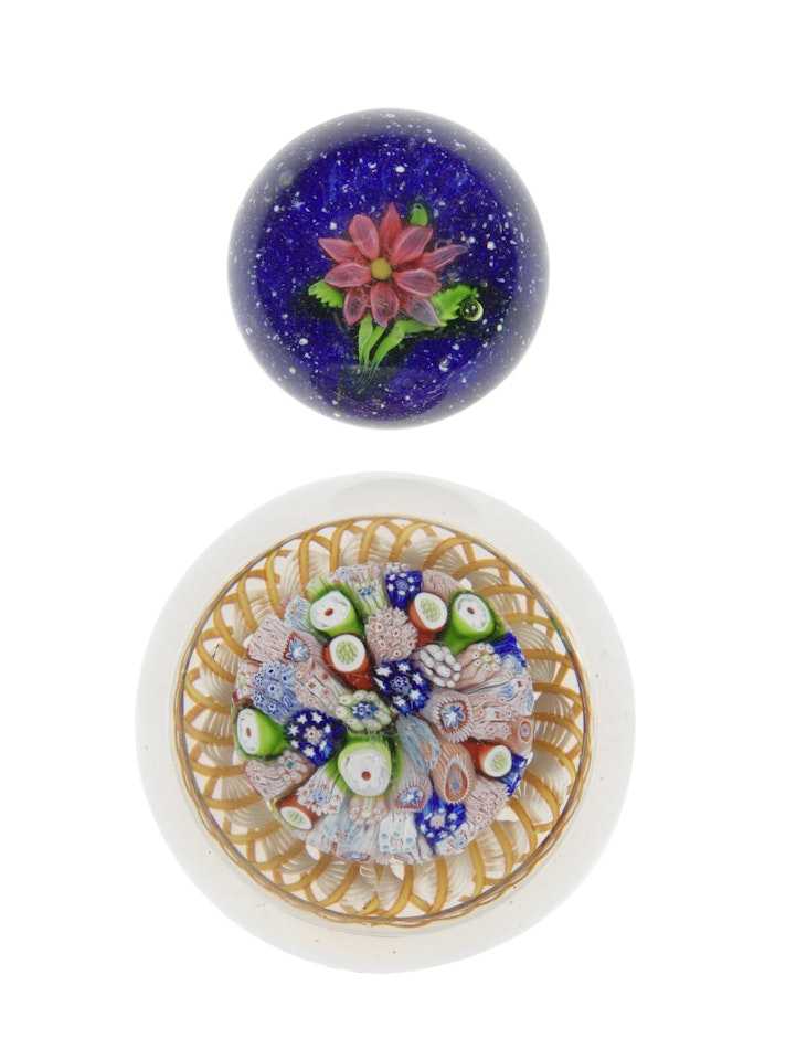 A St. Louis mushroom paperweight together with a St. Louis miniature flower weight by Anonymous