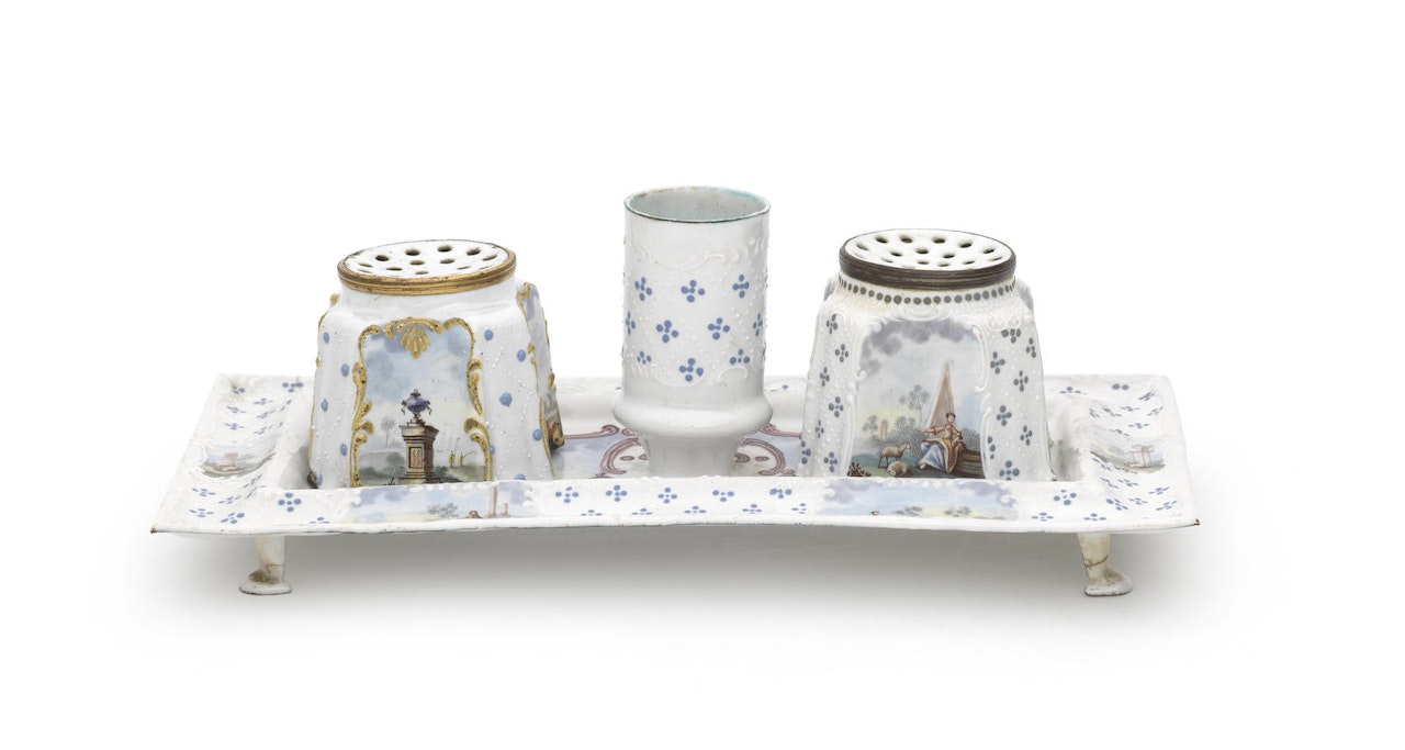 A fine South Staffordshire enamel inkstand,  two pounce pots and an inkwell by Anonymous