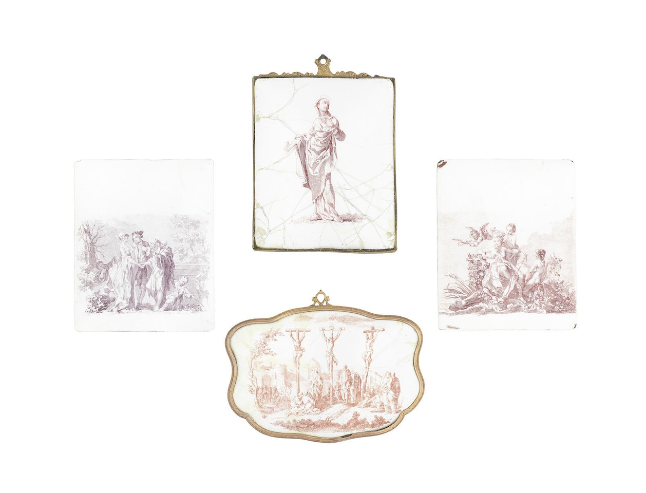 Three Battersea enamel plaques engraved by Simon Francois Ravenet and another Battersea plaque by Anonymous