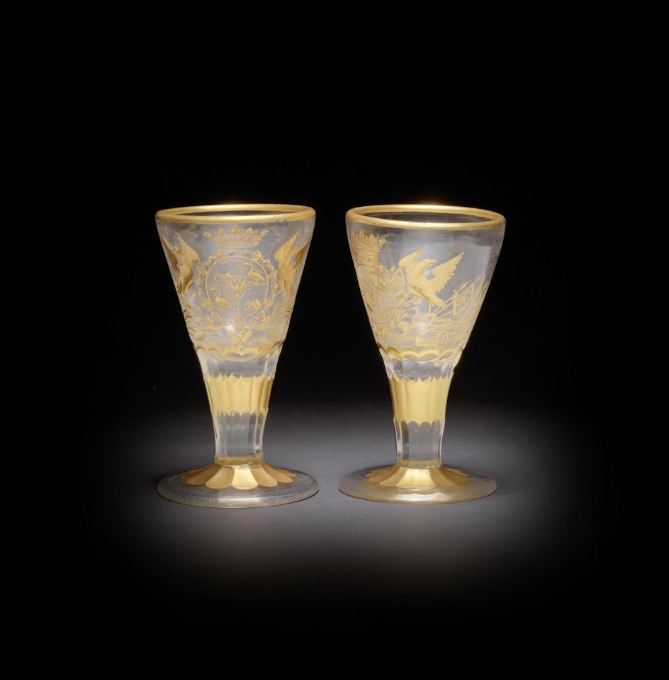 A pair of Potsdam/Zechlin engraved and gilded presentation wine glasses for Field Marshall von Münnich by Anonymous