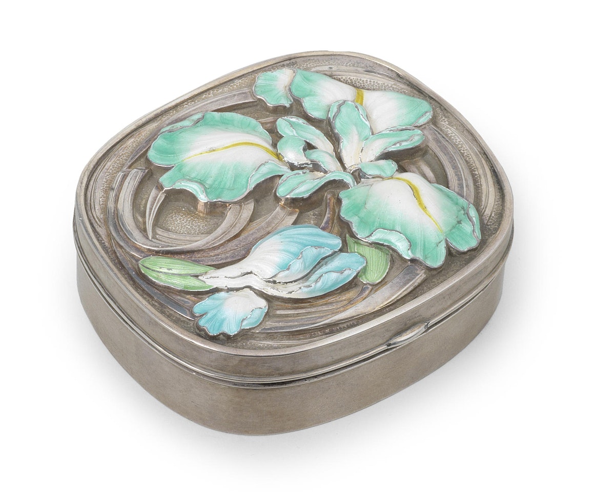 A rectangular-rounded silver and enamelled box and cover by Anonymous