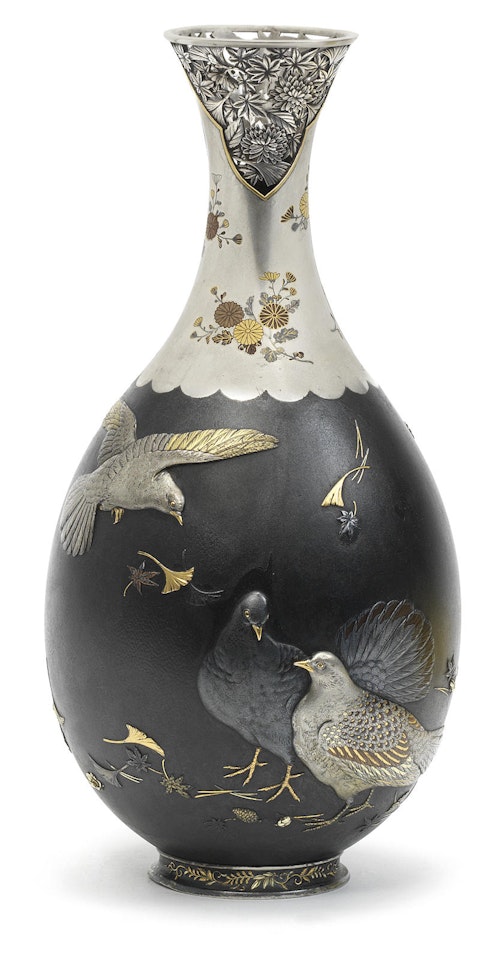 An inlaid silver and shakudo pear-shaped vase, By Yamada Motonobu (1847-1897) for the Ozeki Company by Anonymous