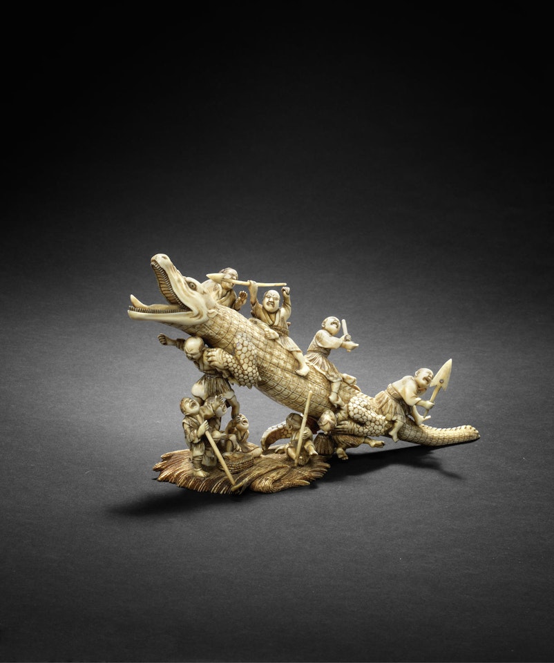 An ivory okimono group of fishermen and a crocodile, By Gyokushu by Anonymous