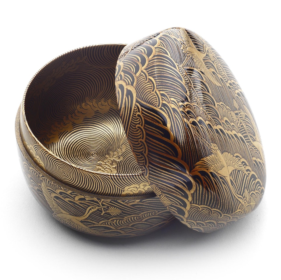 A black-lacquer hira-natsume (flat-topped tea caddy), By Uono Jisei (born 1883) by Anonymous