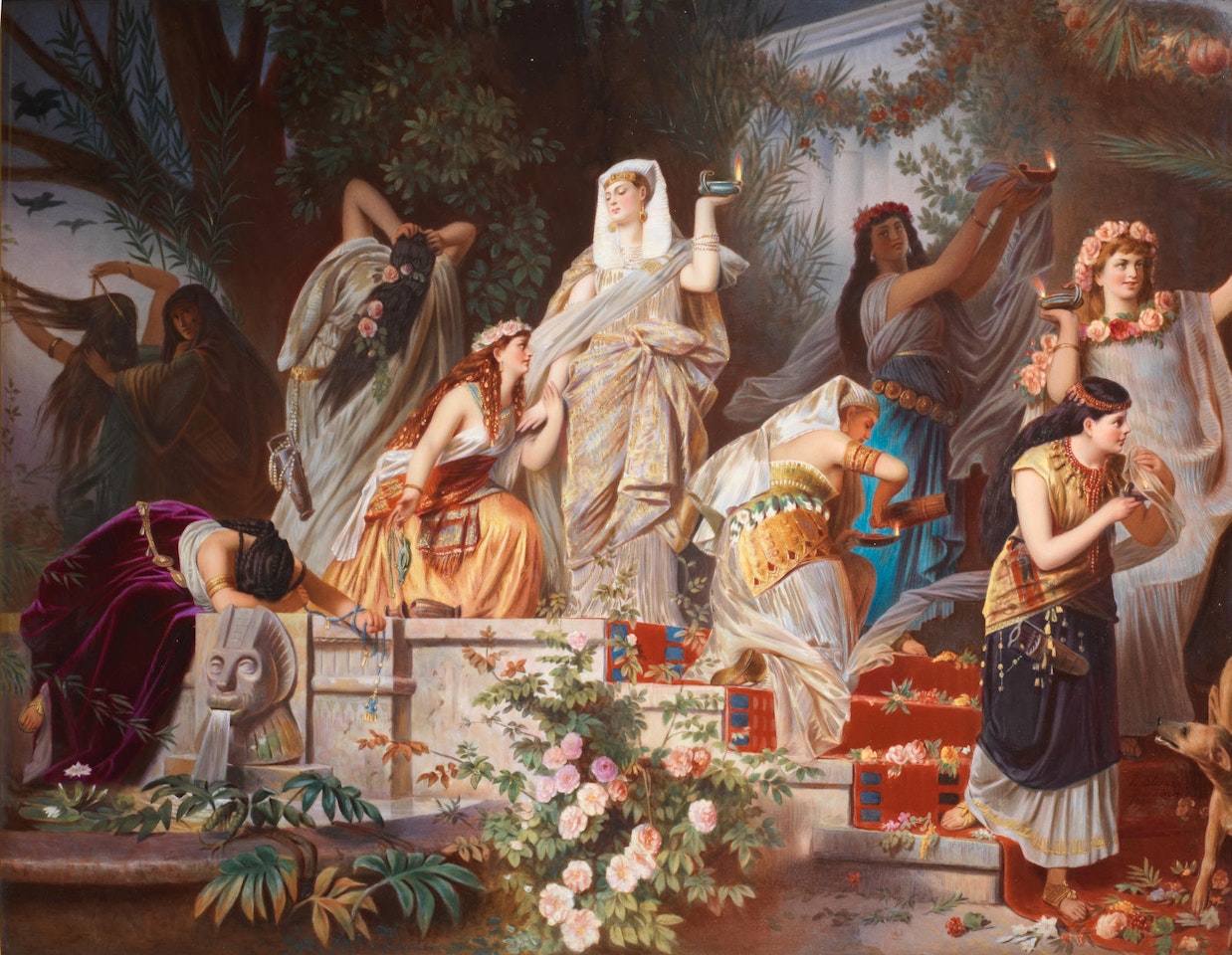 A very large framed Berlin plaque of 'The Wise and Foolish Virgins' by Anonymous