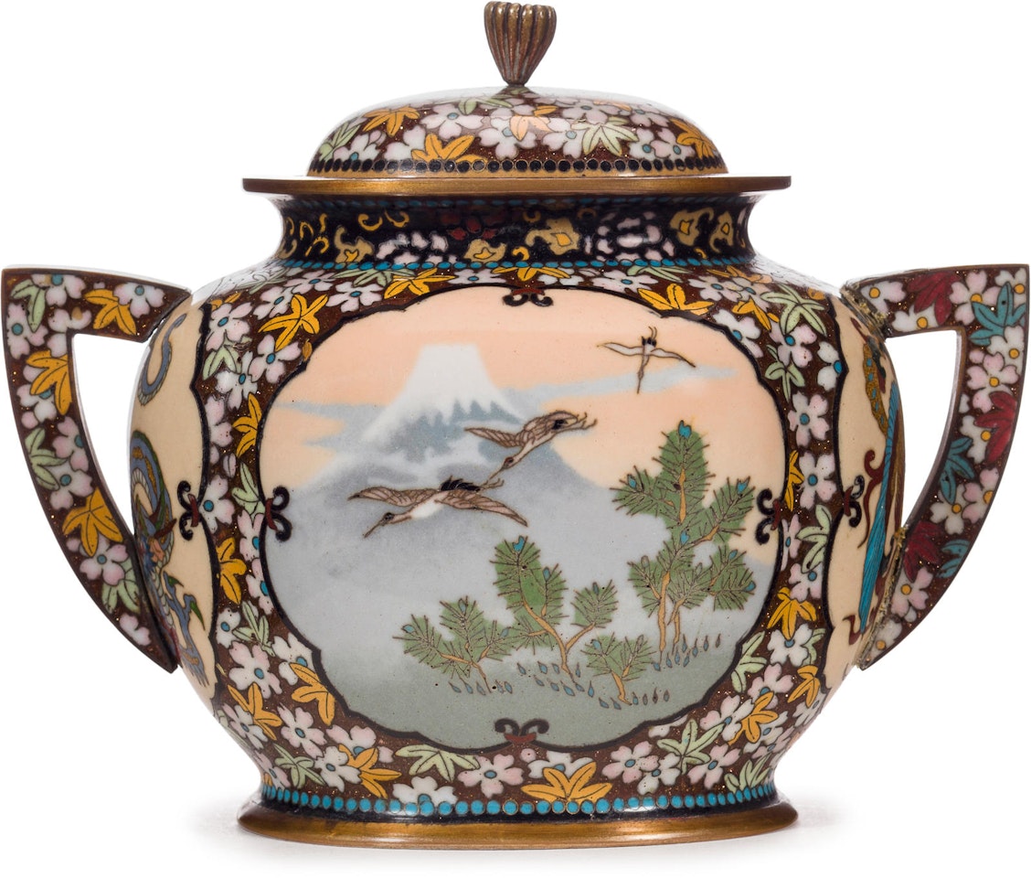 A cloisonné-enamel covered vessel and cover by Anonymous