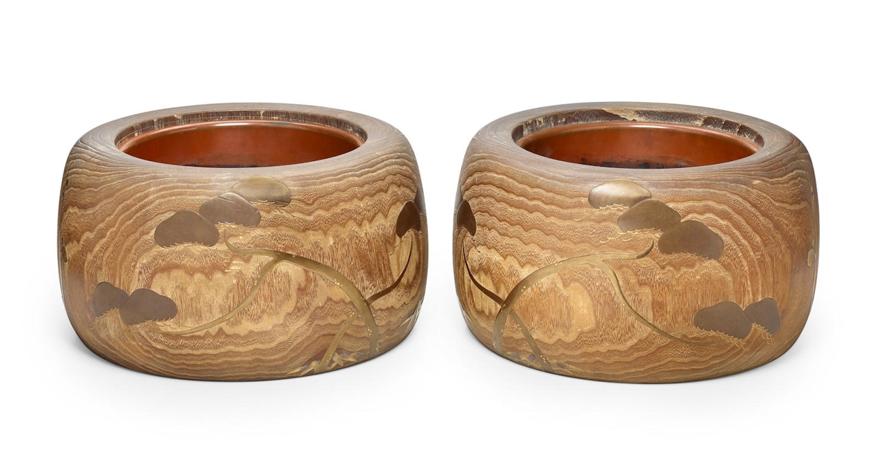 A pair of lacquered wood hibachi (braziers) by Anonymous
