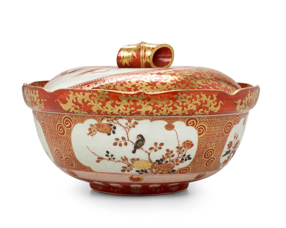 A Kutani covered bowl and a double gourd vase by Anonymous