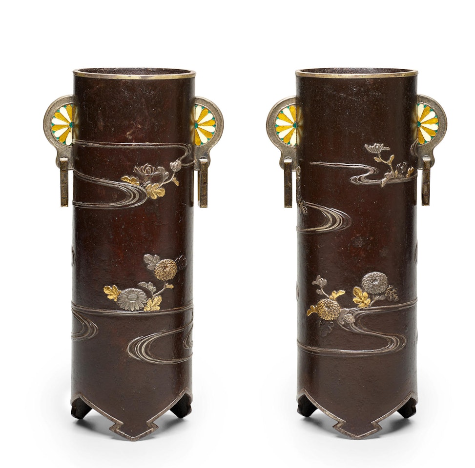 A pair of iron and enamel vases by Anonymous