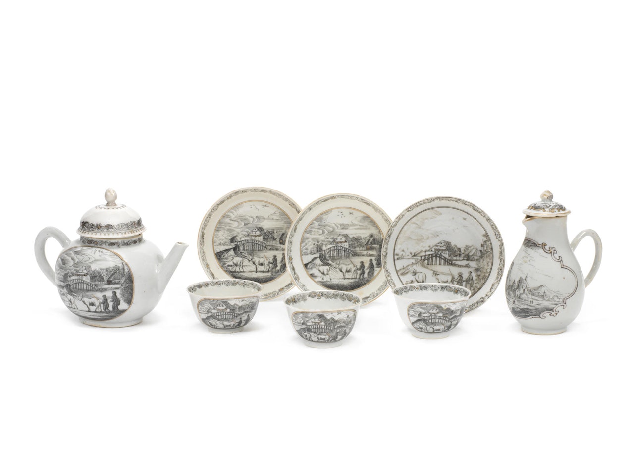 A grisaille-decorated 'European subject' part tea service by Anonymous